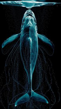 A blue whale swims underwater with erratic movements in the dark ocean depths.
