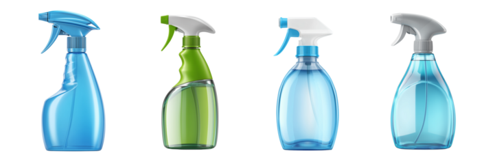 Four assorted spray bottles with blue and green plastic containers isolated on a transparent background