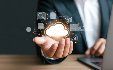 Hand interacting with cloud computing icons