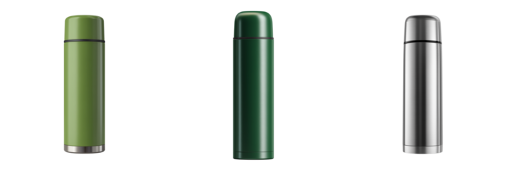 Three insulated vacuum flasks in green and silver colors isolated on a transparent background thermos