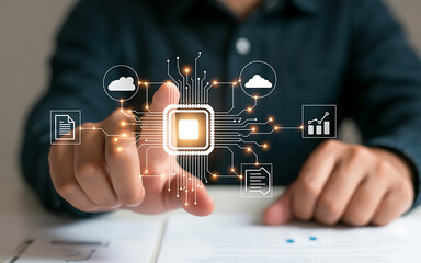 Hands interacting with digital network