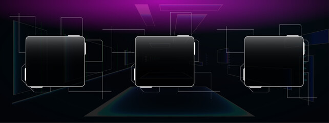 Three empty boxes are arranged in a row on a dark background. Lines and shapes create a digital space. The scene suggests a virtual interface or design concept.