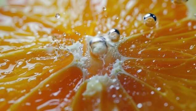 Close-up of an orange slice with water droplets, refreshing and juicy.