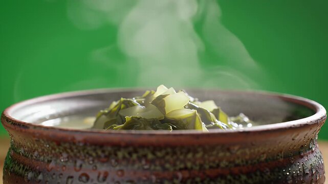 Hot and steamy collard greens in a rustic bowl against a vibrant green backdrop