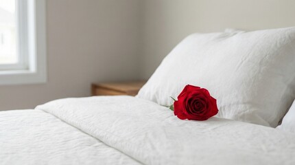 Bed with single red rose and pillow on white bedding in a cozy room  
