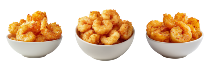 Three bowls of golden fried shrimp with crispy breading and visible seasoning isolated on a transparent background