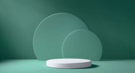 Green studio with elegant white podium and natural light. Modern 3D stage for product showcase. Clean minimalist space for displaying item on stand.