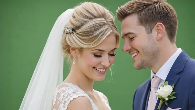Groom whispers into bride's ear intimately. Emotional wedding whisper moment video. Bride smiles shyly after whisper on green screen.