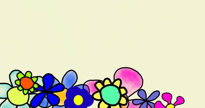Hand-drawn animated flowers falling and bouncing on bottom edge. Colorful floral transition in doodle style on light background. 2D flat animation for spring or summer projects.
