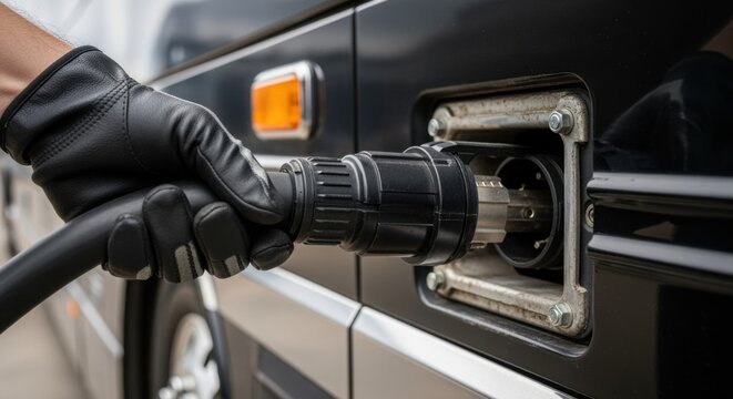 Closeup view of hand plugging in a high amperage power cord into a shorepower distro tiein receptacle on a large tour bus.