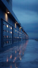 Obraz premium Evening view of a building with illuminated mailboxes