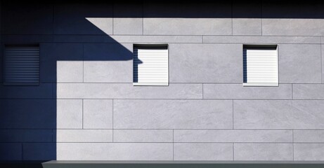 Modern facade with elegant large gray rectangle shaped stone tiles and a row of windows. Background and texture.