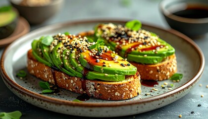 Plate with avocado toast topped with sesame seeds. Perfect for food blogs, recipe websites, or social media posts about healthy eating.