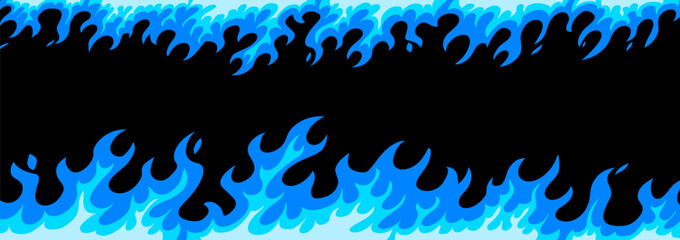 Vector illustration of burning flame of fire top and bottom. Set of blue flame border on black background. Flat style design of cold fire frame © wowomnom