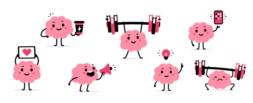 Vector collection of illustration of cute happy pink brain in different pose with barbell and megaphone. Doodle flat style design of set of strong and clever smile brain character with light bulb