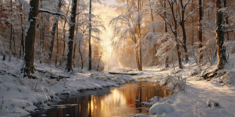 Winter Wonderland: A serene winter landscape, with snow-covered trees lining a tranquil stream reflecting the warm, golden light of the setting sun, evoking a sense of calm and natural beauty.