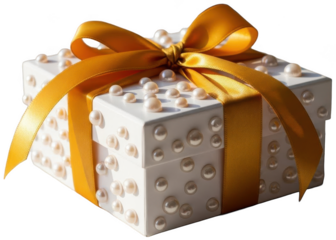 Luxury white gift box decorated with large pearls and golden bow