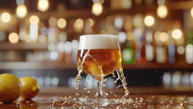 Beer Splash: Dynamic Visuals of Golden Brew in Motion, with lemons and bar backdrop
