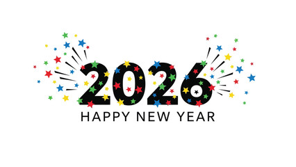 Colorful new year 2026 celebration with vibrant starbursts and festive greetings © msunny93