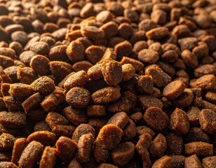 A detailed shot of a large pile of dark brown pet food kibble, showing the textured, granular surface of each small, irregular pellet under warm light.