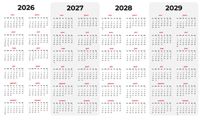 Vector set of 2026-2029 calendars in Spanish