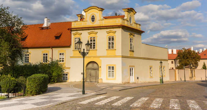 Panorama of the cobblestoned street at the Loreta monastery in Prague, Czechia