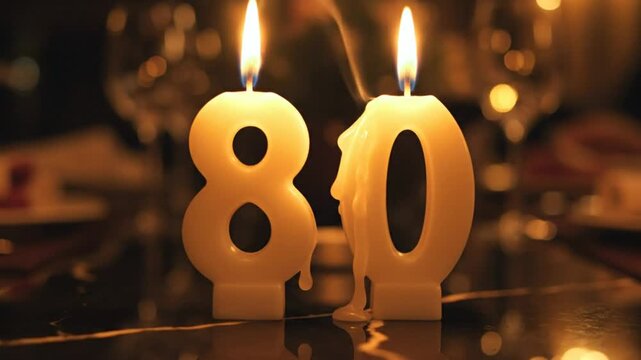 Celebrating an Eightieth Birthday with Burning Candles, a Party, and a Special Occasion Lit in the Dark