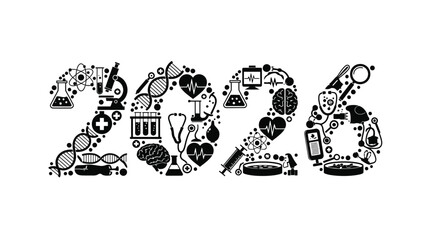 The year 2026 visualized with scientific and technological symbols in black and white
