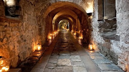 A dimly lit stone corridor with glowing lanterns along the path.