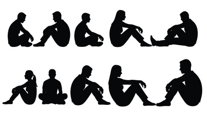 Silhouettes of people in various seated and relaxed poses illustrated in black