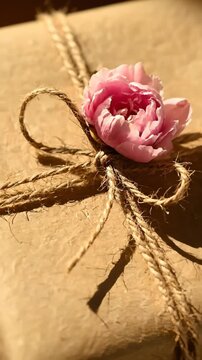 Wrapping Craft Paper Gift With Pink Rose and Twine, Close Up