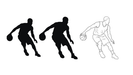 Basketball player silhouettes and a line drawing in dynamic action poses