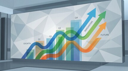 Growth, innovation, future, and quarterly progress are illustrated with colorful upward arrows and bar graphs on modern digital display in business office environment