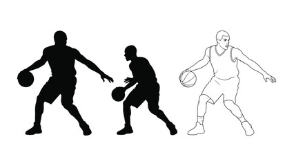 Basketball players in action silhouettes and line art depictions of the sport