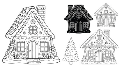 Charming line art illustration of detailed gingerbread houses and a christmas tree