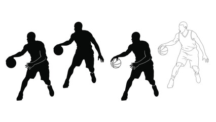 Silhouettes of basketball players dribbling and in action during a game