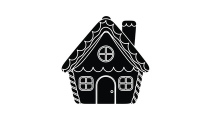 A charming black and white illustration of a classic gingerbread house design