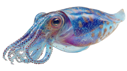 Translucent, blue-toned cuttlefish with textured skin, tentacles, and brown spots