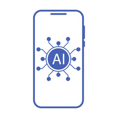 A smartphone shows a graphic of artificial intelligence connected to a network. The design represents technology and innovation.