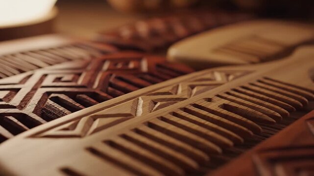 Artistic collection of handmade wooden combs featuring intricate carved designs