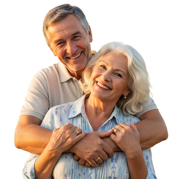 A happy senior couple embracing each other on transparent background