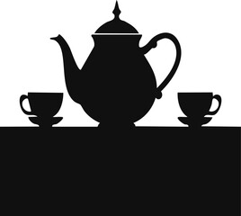 Teapot and cups silhouette on table isolated on