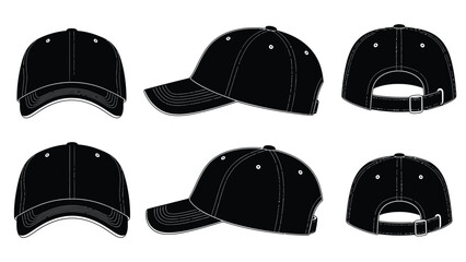 Black baseball caps in various views isolated on a white background
