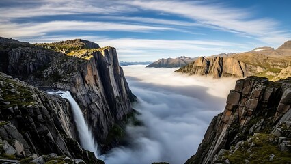 A breathtaking landscape of a waterfall cascading down a rocky cliff surrounded by mountains and fog under a blue sky