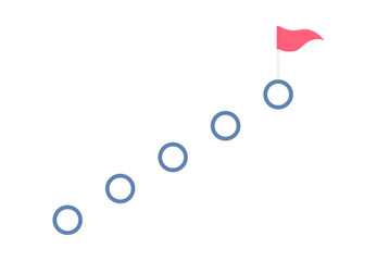 A series of five circular markers lead up a path to a small flag on the right. The scene shows a simple progression toward a goal.