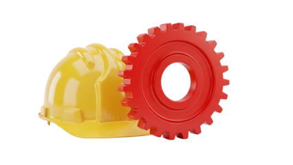 Yellow hard hat with red cogwheel on transparent background for industrial concepts