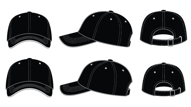 Black baseball caps in various views isolated on a white background