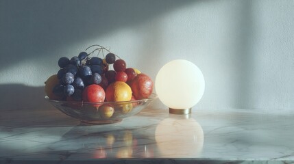 Still life with fruit bowl and modern lamp on marble surface