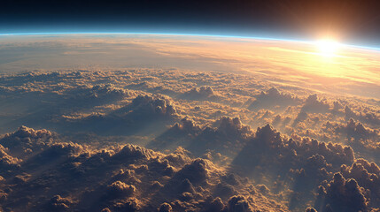 A breathtaking view from above the clouds reveals the curvature of the Earth as the sun rises, casting a warm glow over the atmospheric scene.