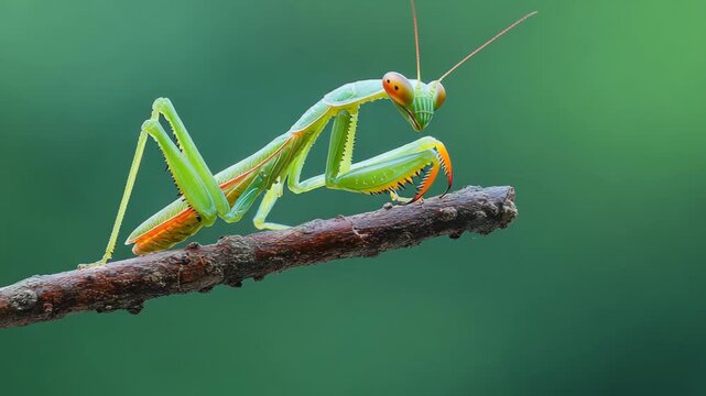 selective focus praying mantis perched on twig